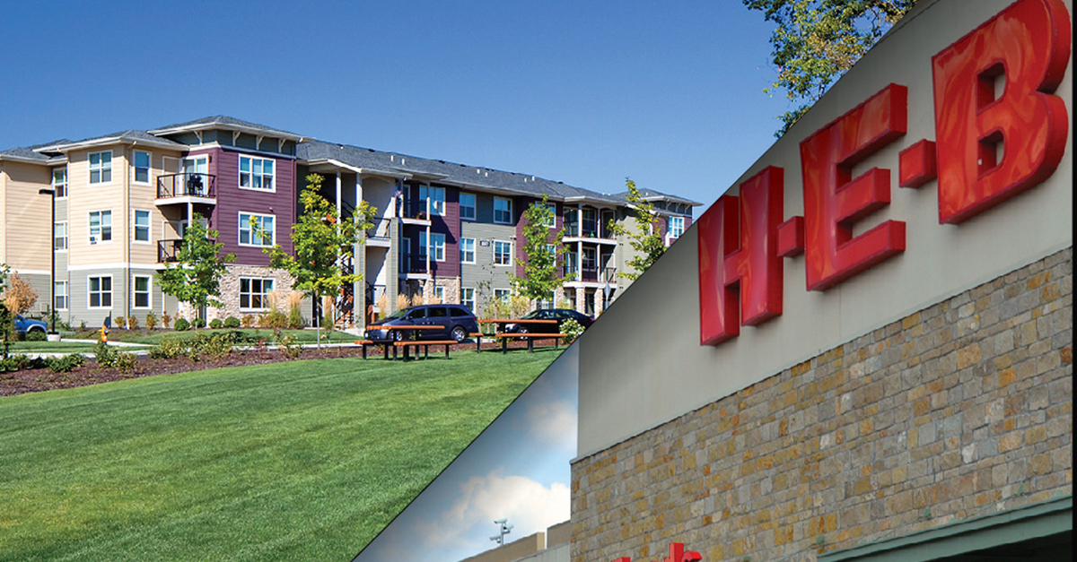 Multifamily residential buildings and image of HEB grocery sign