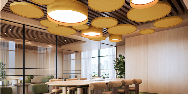 Cylinder Lighting + Layer Acoustic Discs Conference Room