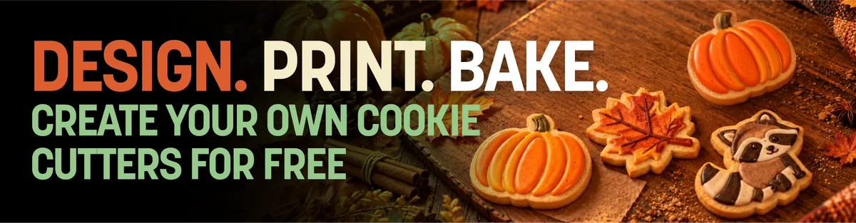 Design. Print. Bake. Create your own cookie cutters for free. Autumn cookies decorated with leaves and pumpkins.