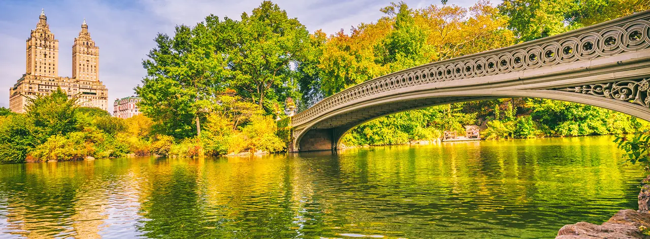 Bow Bridge over the lake in Central Park with the San Remo towers behind autumn trees