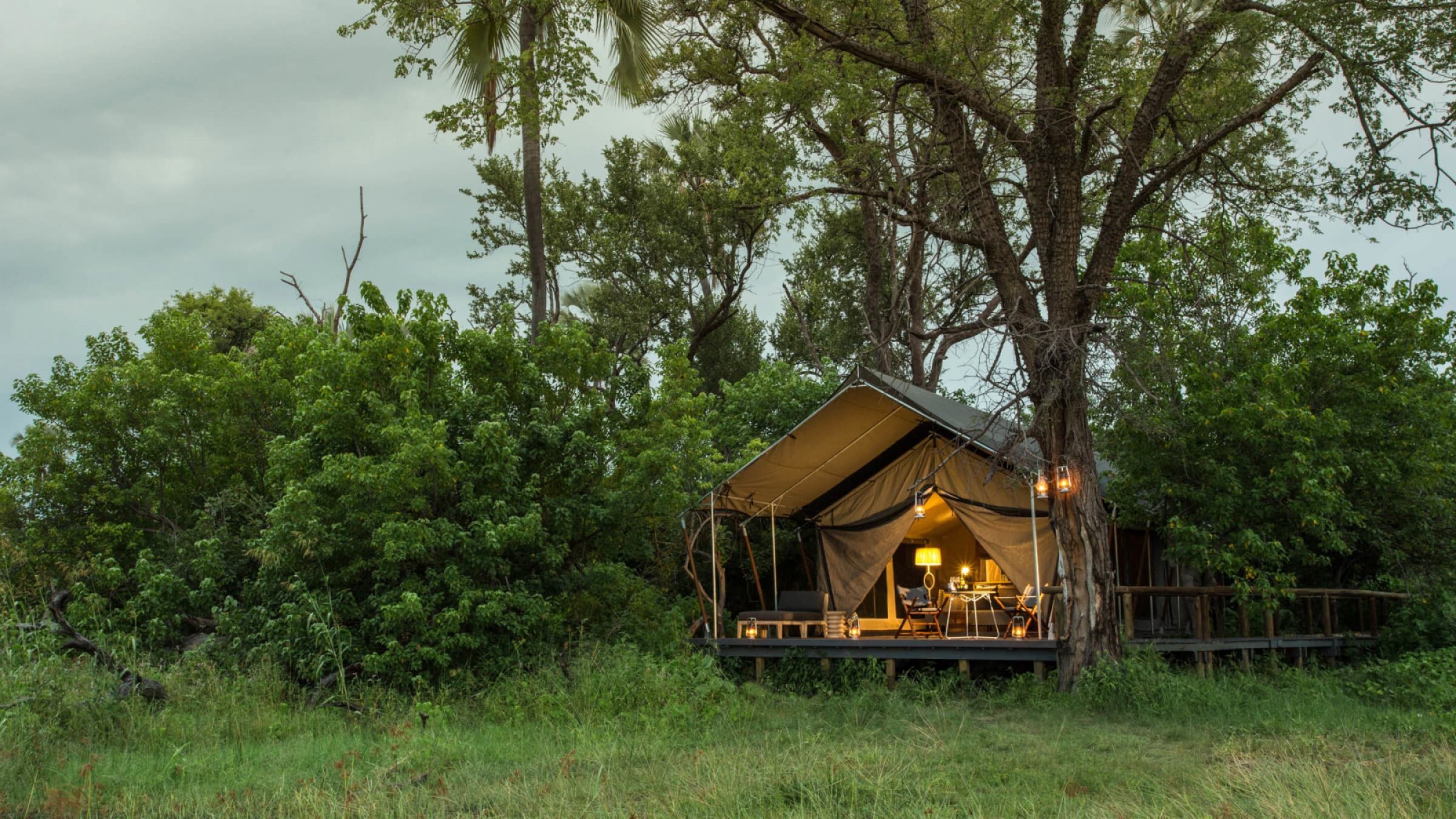 Gomoti plains camp tent exterior and setting 2400