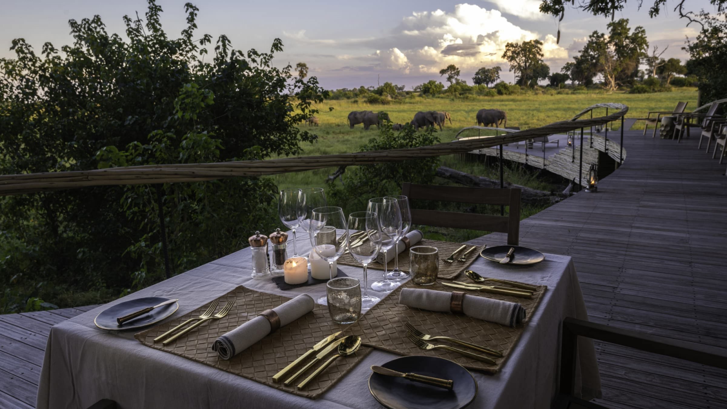 Mombo camp private dining with view of elephants 2400
