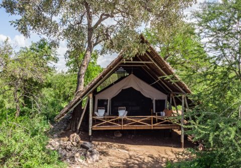 Jongomero tented suite exterior and setting along the riverbed 1280