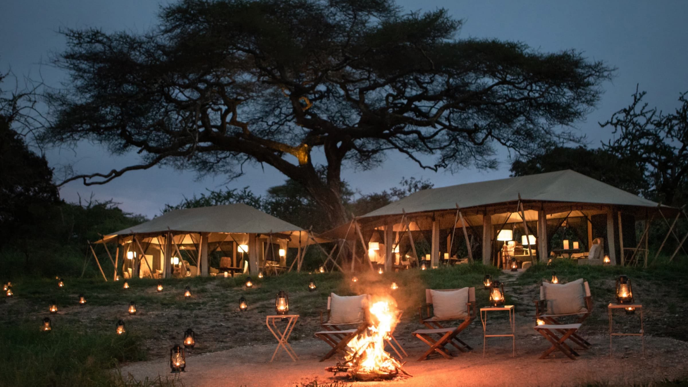 Mila tented camp the main tented area lit up at night 2400