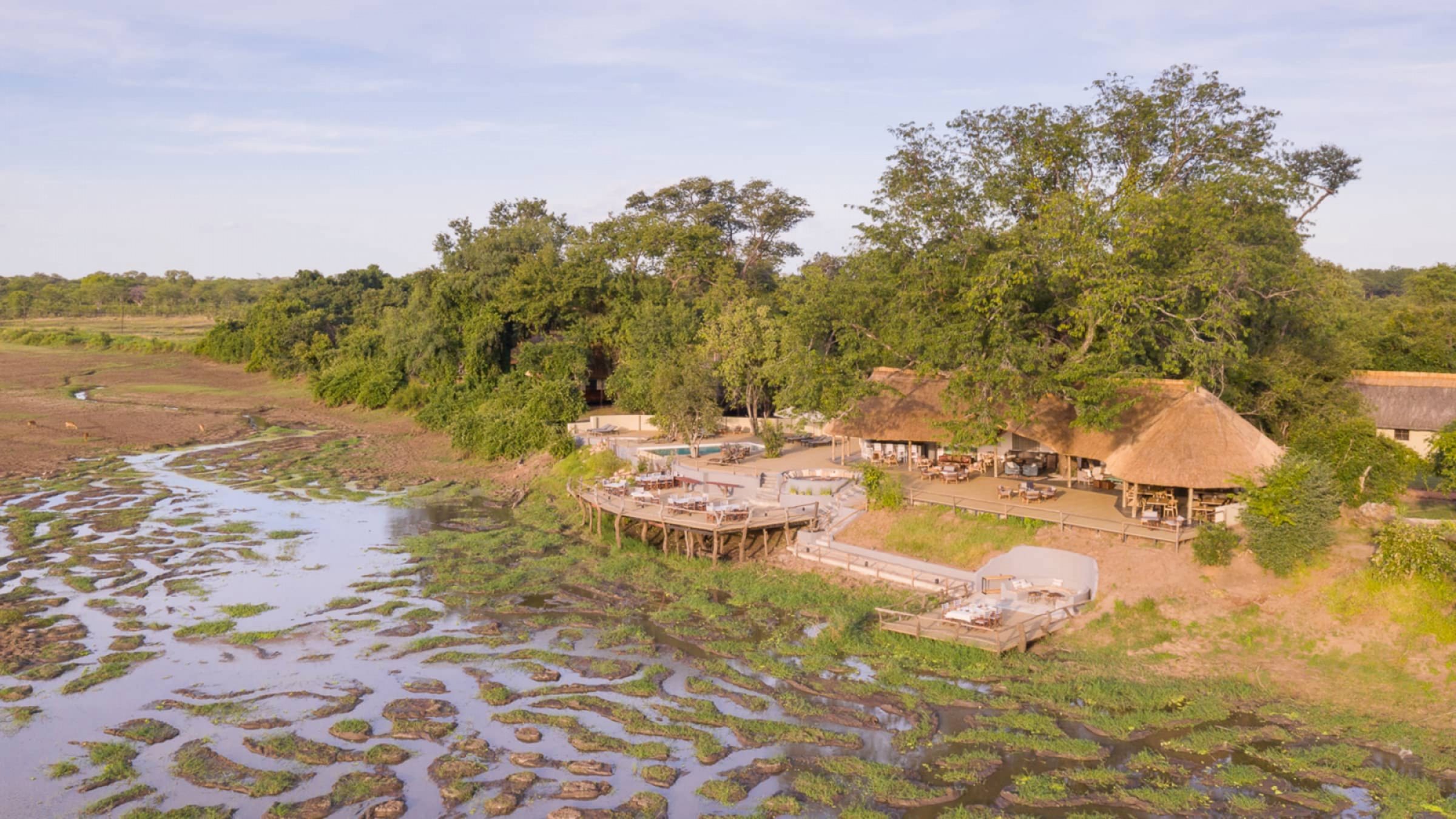Kafunta river lodge aerial view of lodge 2400