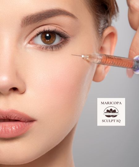 Client receiving neuromodulator injection to smooth eye wrinkles