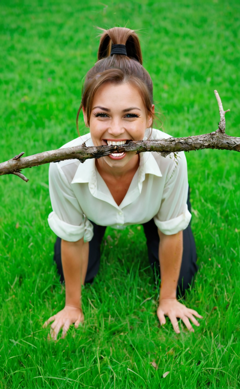Portal Break Barbarian book 1 chapter 29 color image of Karen with a stick in her mouth.