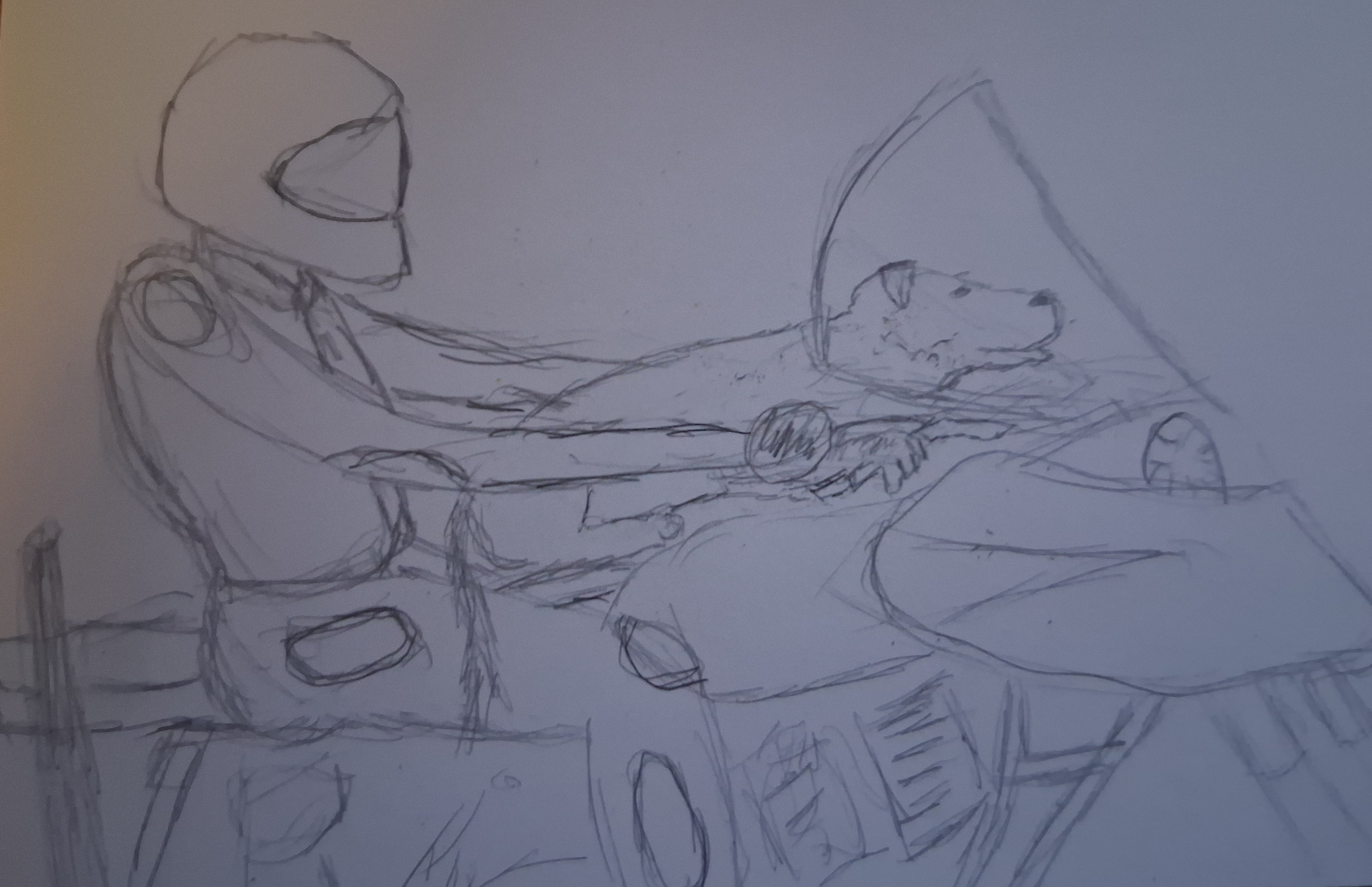 Portal Break Barbarian book 1 chapter 7 sketch of Les and Buster on a motorcycle.