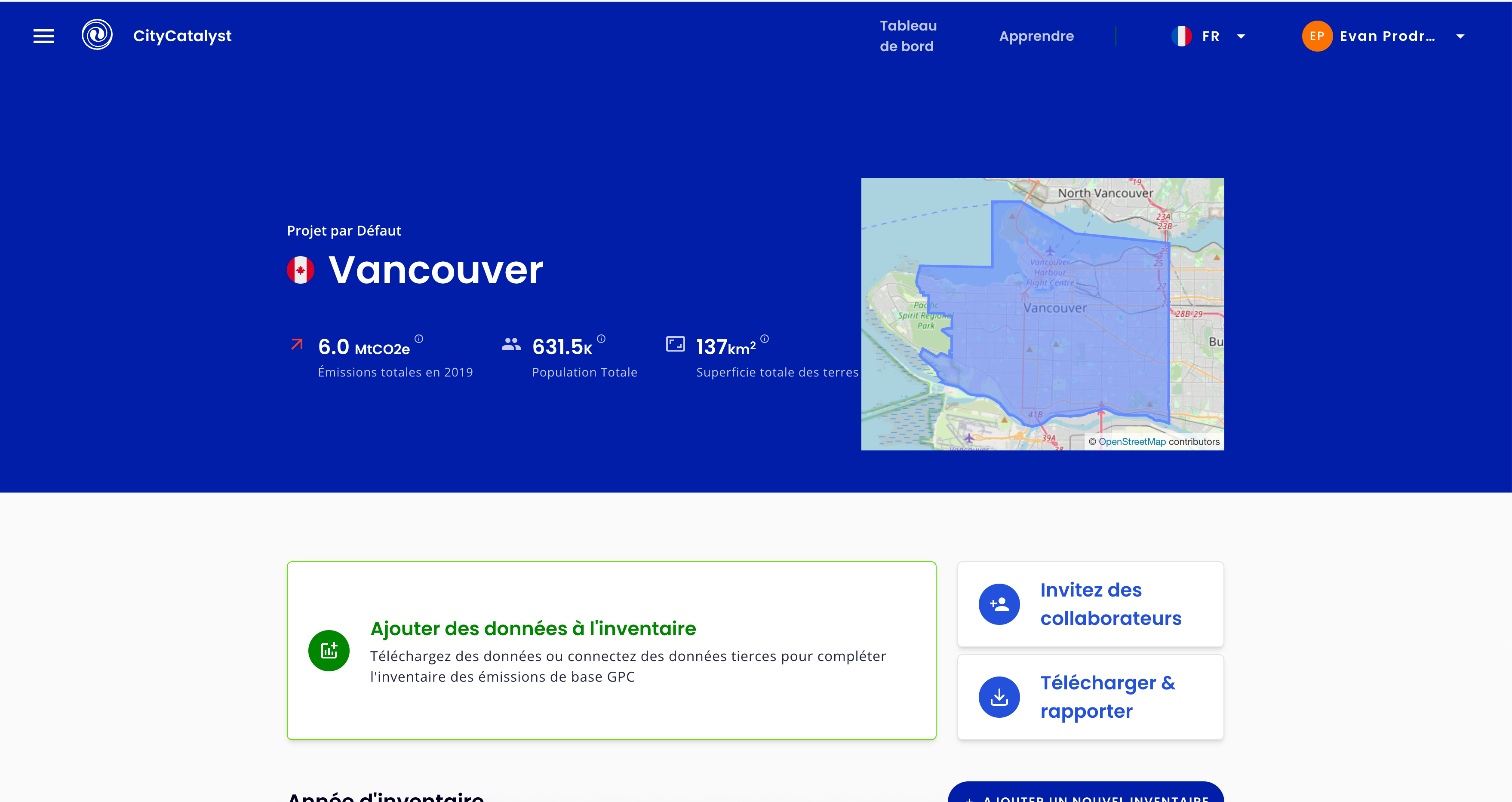 CityCatalyst interface with UI prompts in French.