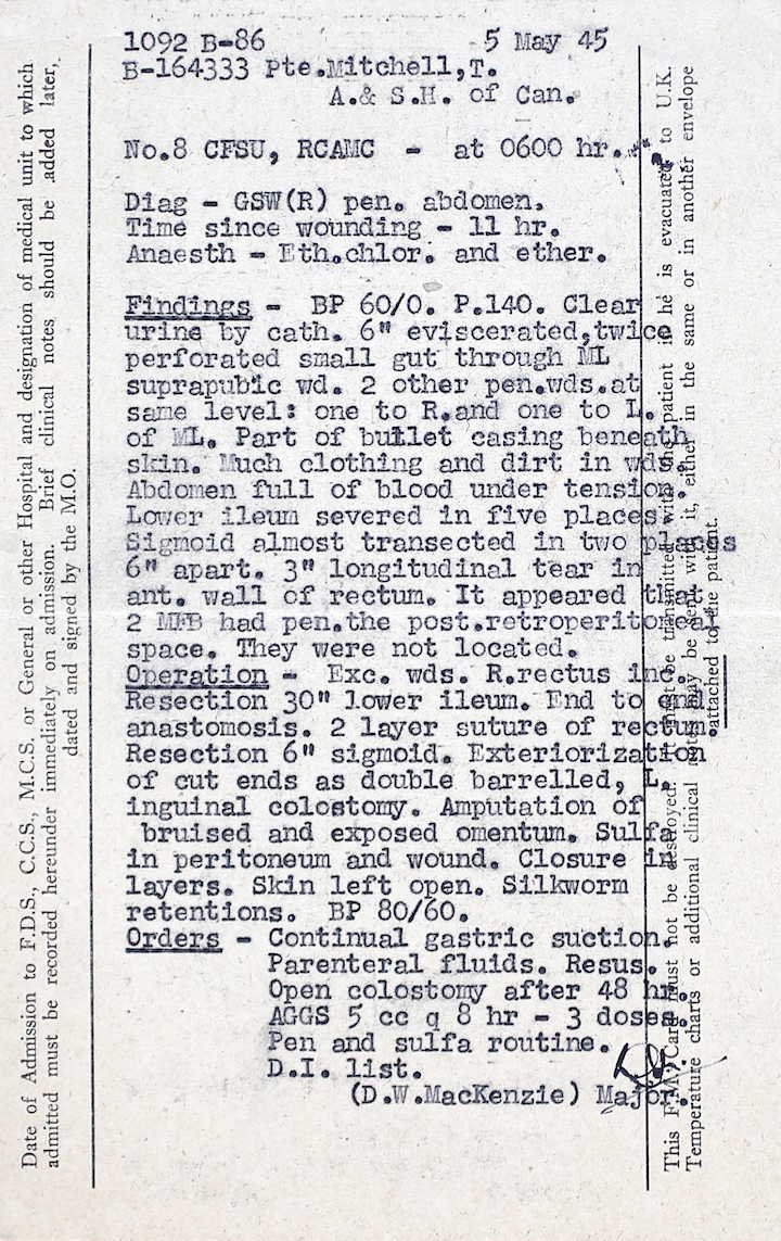 Field medical card, Pte Joseph Mitchell