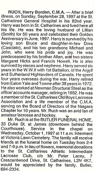 Cpl Harry Ruch obituary 1997