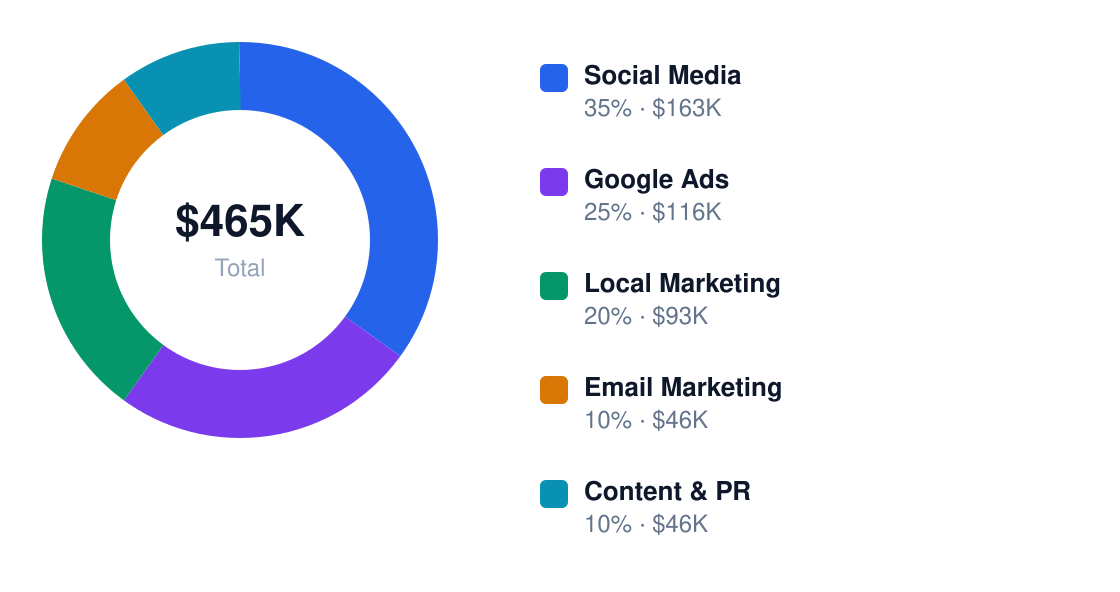 bank annual marketing budget — Social Media $163K, Google Ads $116K, Local Marketing $93K, Email Marketing $46K, Content & PR $46K
