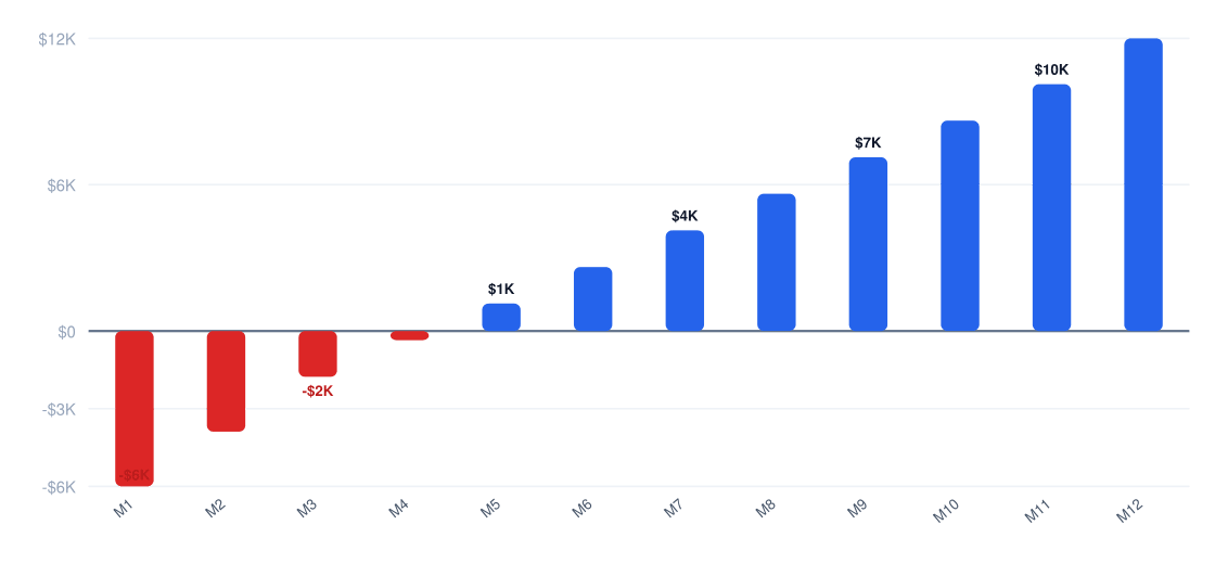 batting cage Year 1 monthly cash flow chart from month 1 to month 12