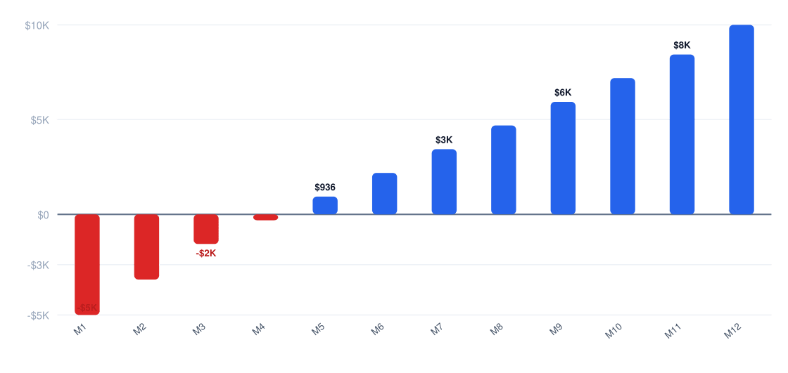 bbq Year 1 monthly cash flow chart from month 1 to month 12