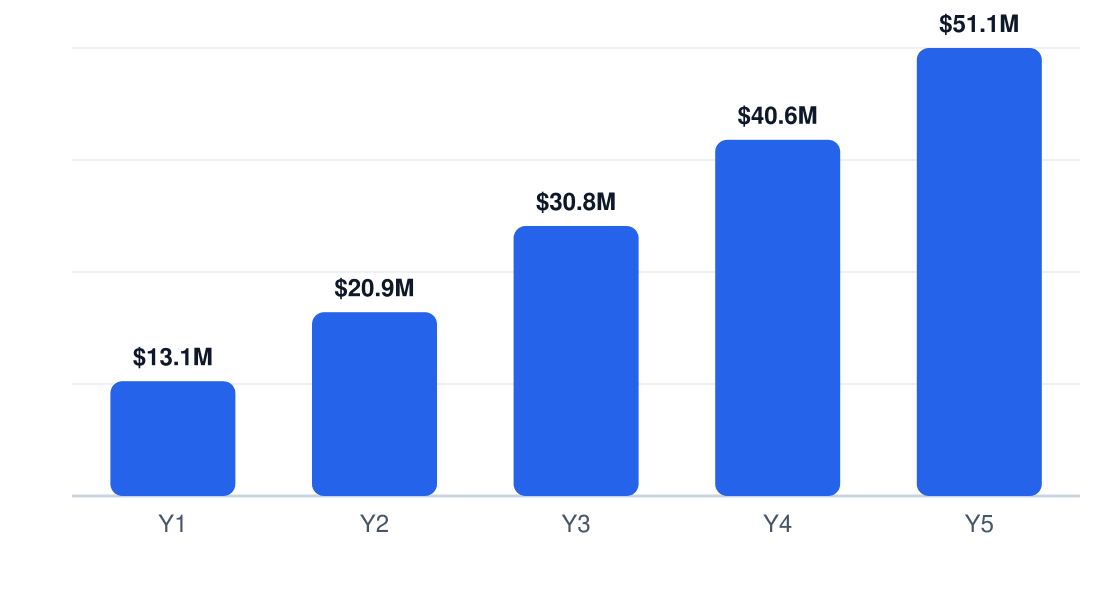 beverage 5-year revenue projection — Y1 $13.1M, Y2 $20.9M, Y3 $30.8M, Y4 $40.6M, Y5 $51.1M