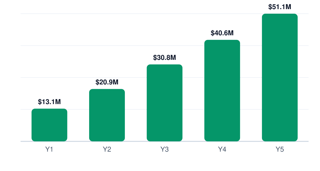 beverage revenue growth chart — Y1 $13.1M, Y2 $20.9M, Y3 $30.8M, Y4 $40.6M, Y5 $51.1M
