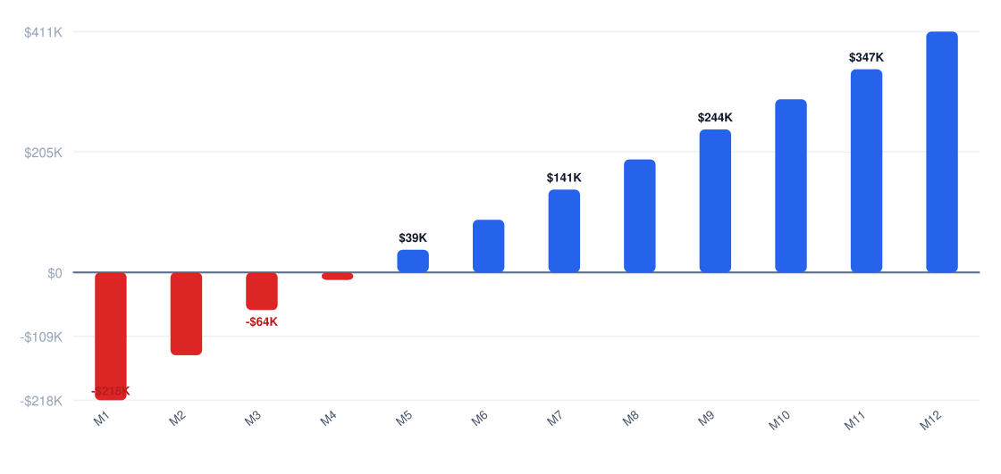 biodiversity consulting Year 1 monthly cash flow chart from month 1 to month 12