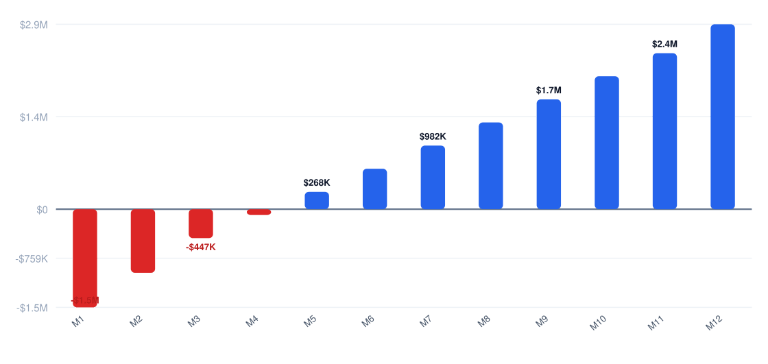bitcoin mining Year 1 monthly cash flow chart from month 1 to month 12