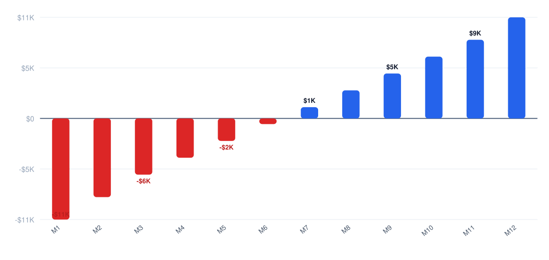 assisted living Year 1 monthly cash flow chart — net monthly cash flow from month 1 to month 12, break-even near month 30, Year 1 net profit $173K