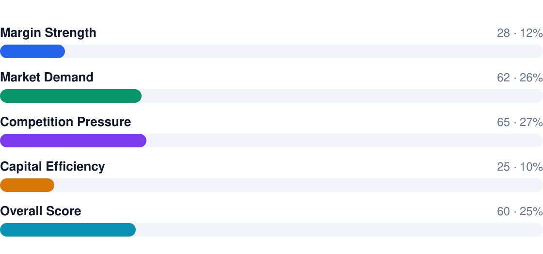 aviation security services profitability score breakdown — overall rating 6/10: Margin Strength 28, Market Demand 62, Competition Pressure 65, Capital Efficiency 25, Overall Score 60