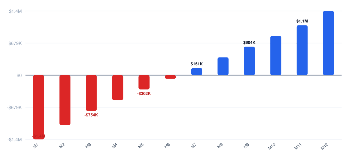 bank Year 1 monthly cash flow chart — net monthly cash flow from month 1 to month 12, break-even near month 48, Year 1 net profit $21.3M