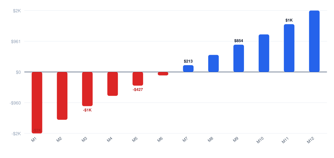 bar Year 1 monthly cash flow chart — net monthly cash flow from month 1 to month 12, break-even near month 30, Year 1 net profit $30K