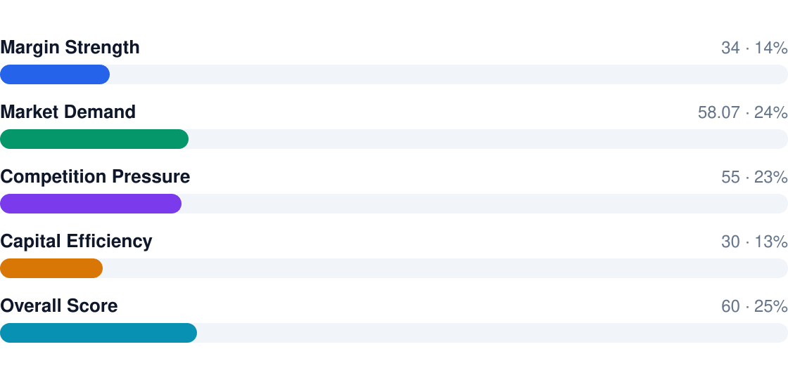 barbecue grill profitability score breakdown — overall rating 6/10: Margin Strength 34, Market Demand 58.07, Competition Pressure 55, Capital Efficiency 30, Overall Score 60