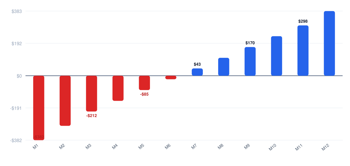 biotechnology Year 1 monthly cash flow chart — net monthly cash flow from month 1 to month 12, break-even near month 48, Year 1 net profit $6K