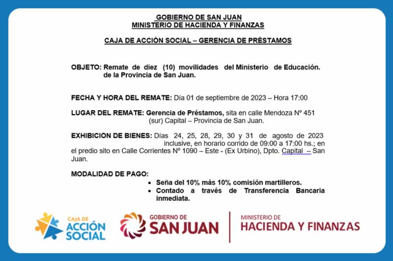 Remate de diez (10) movilidades del Ministerio de Educación de la Provincia de San Juan
