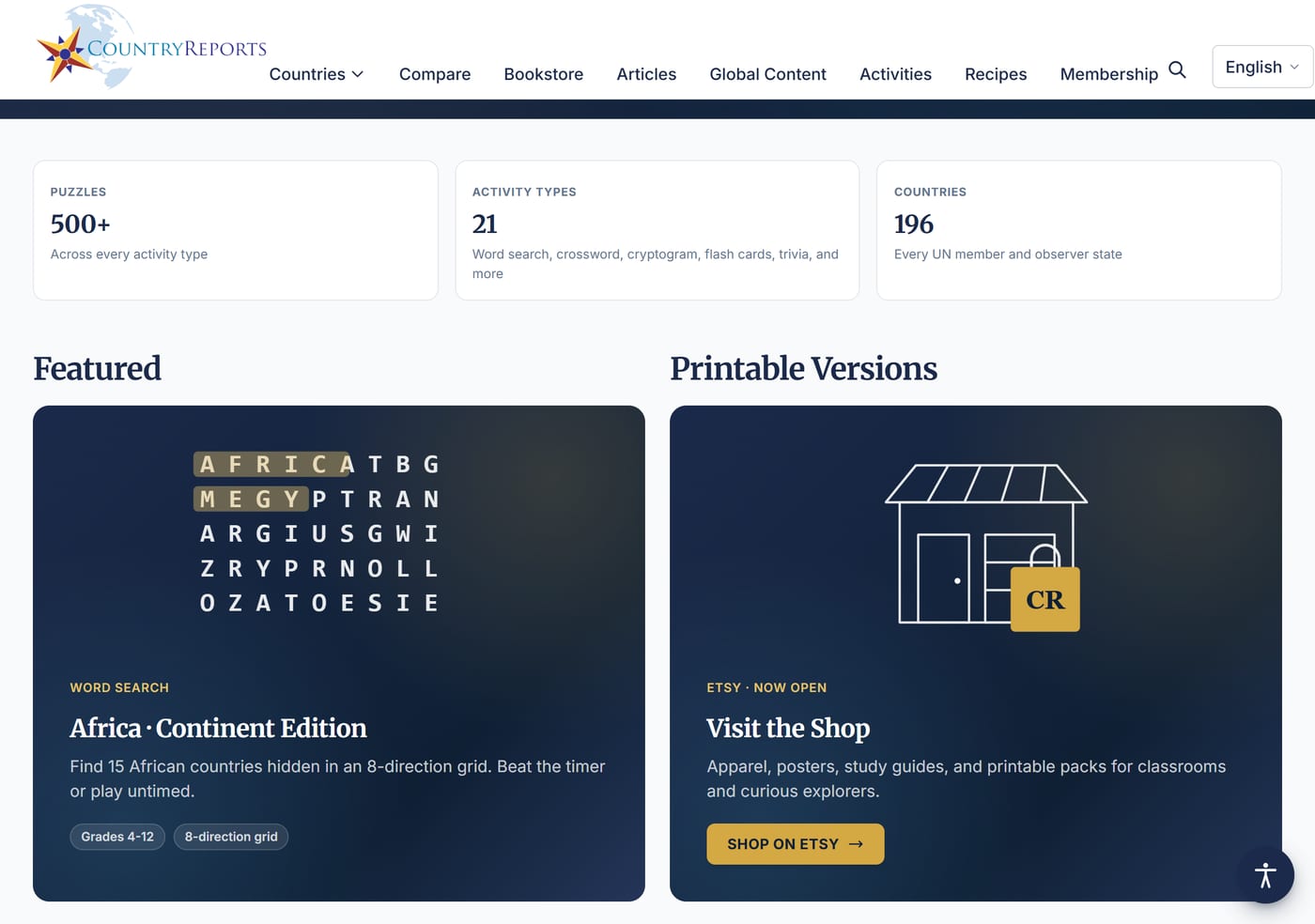 The CountryReports activities hub with word searches, quizzes, and geography games