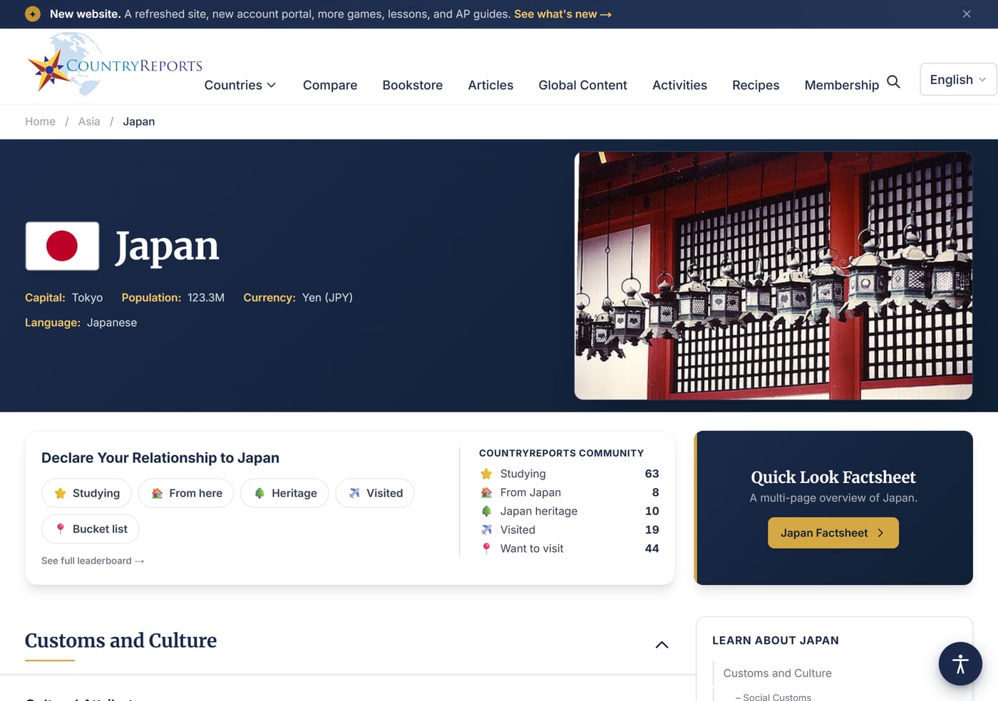 A CountryReports country profile for Japan showing the flag, capital, population, and topic sections