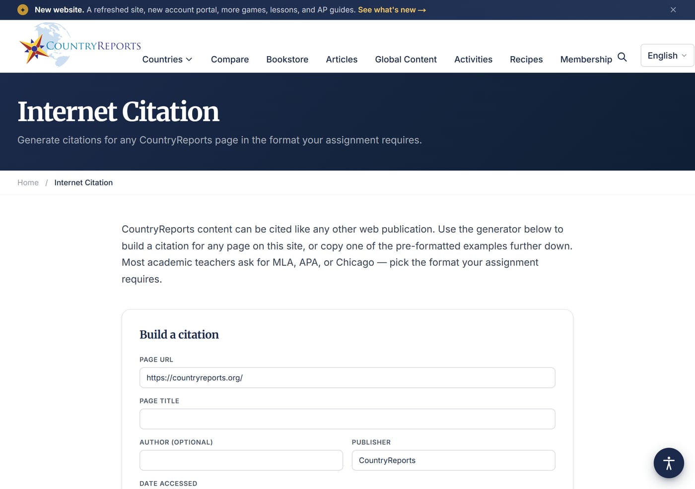 The CountryReports Internet Citation tool that builds a formatted citation