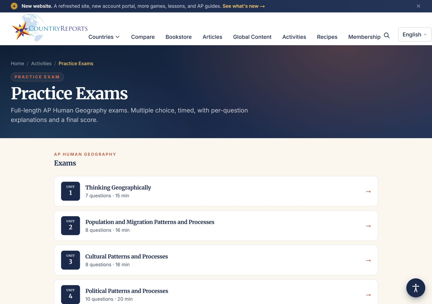 The CountryReports Practice Exams page with AP Human Geography exams by unit