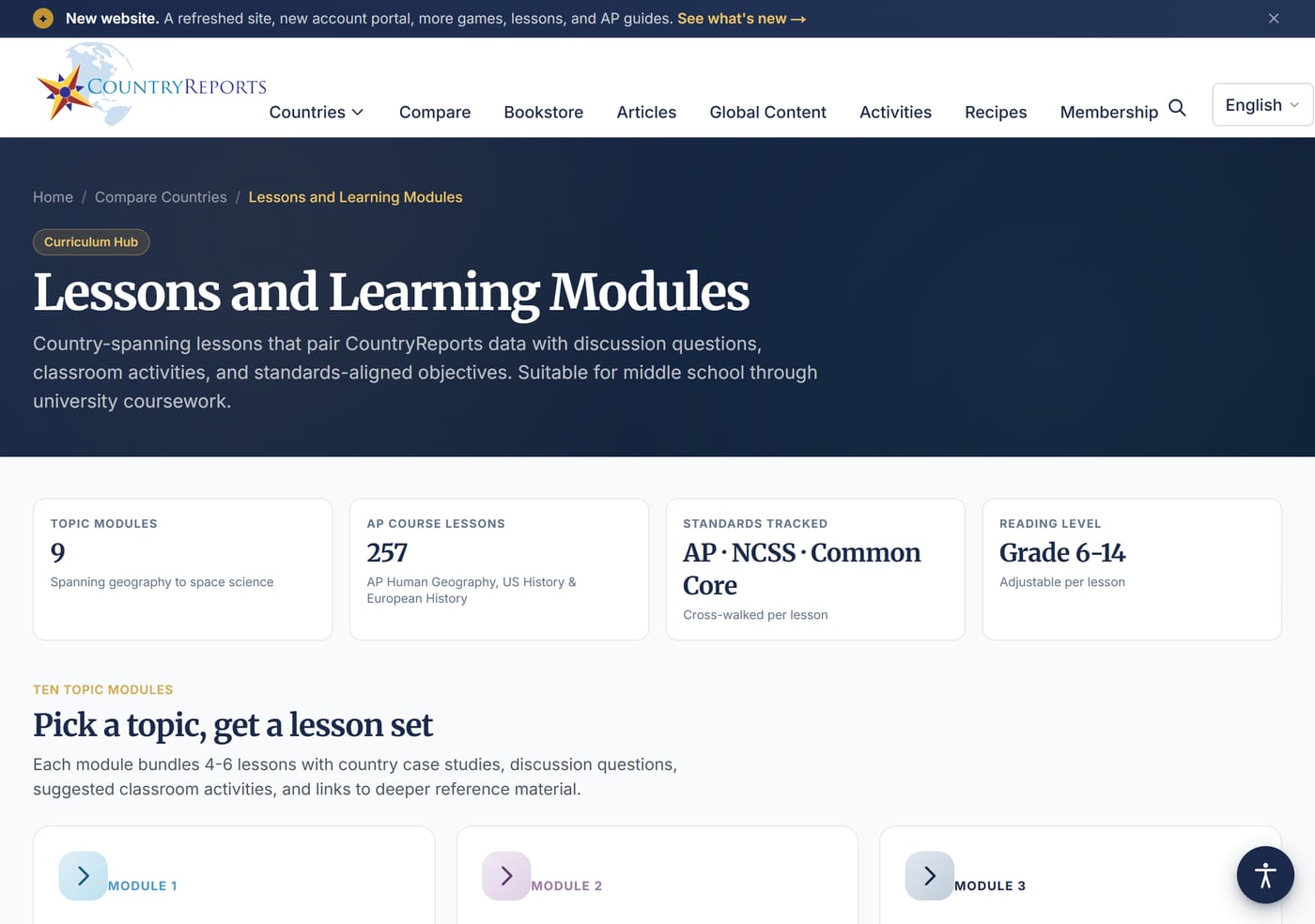 The CountryReports Lessons and Learning Modules page showing AP course lessons and standards