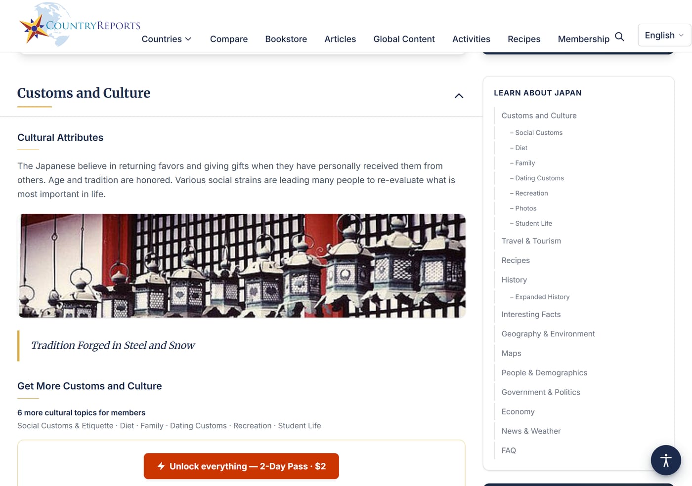 The CountryReports customs and culture section for Japan