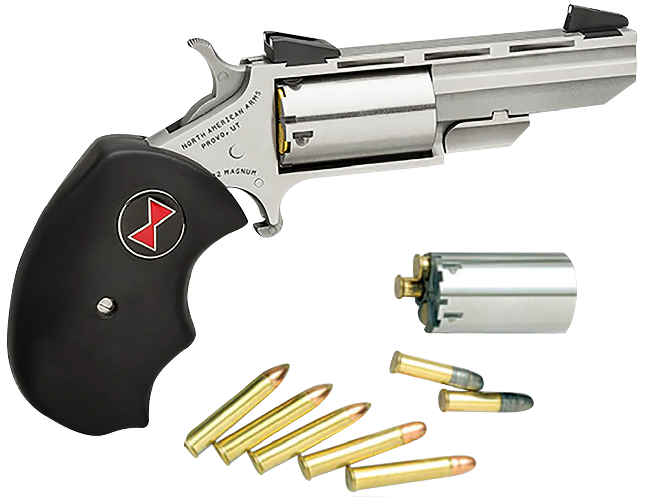 North American Arms BWC Black Widow 22 LR/22 WMR 5 Shot 2" Stainless Steel Vent Rib Barrel, Stainless Steel Frame, Stainless Cylinder, Black Finger Grooved Rubber Grip, Exposed Hammer