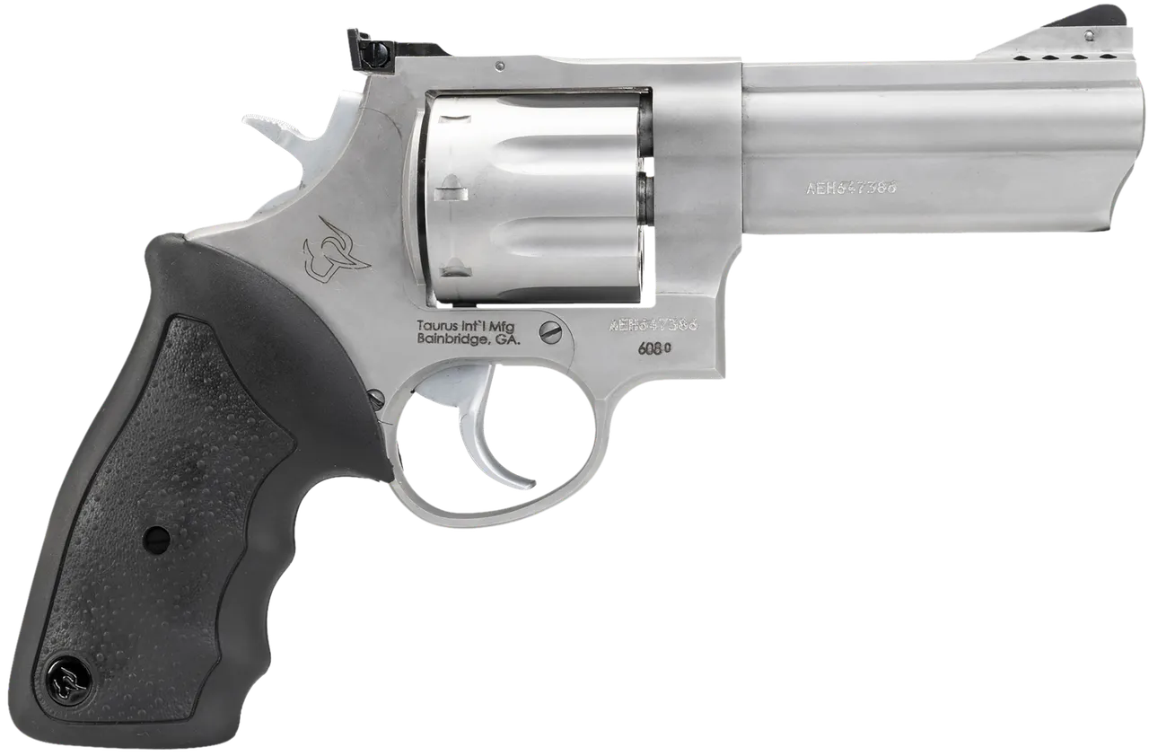 Taurus 2-608049 608 Large 357 Mag/38 Special +P 8 Shot 4" Matte Stainless Steel Ported Barrel, Cylinder & Frame, Black Finger Grooved Rubber Grip, Transfer Bar Safety, Exposed Hammer