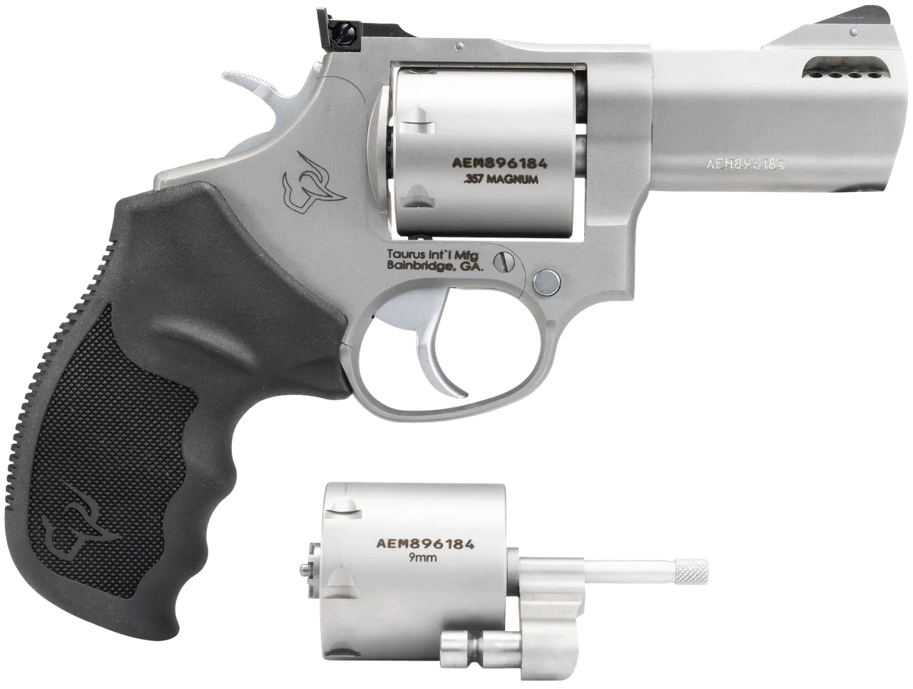 Taurus 2-692039 692  Medium 38 Special +P/357 Mag/9mm Luger 7 Shot 3" Matte Stainless Ported Barrel, Cylinder & Frame, Black Ribber Grip, Transfer Bar Safety, Exposed Hammer, 2 Cylinders
