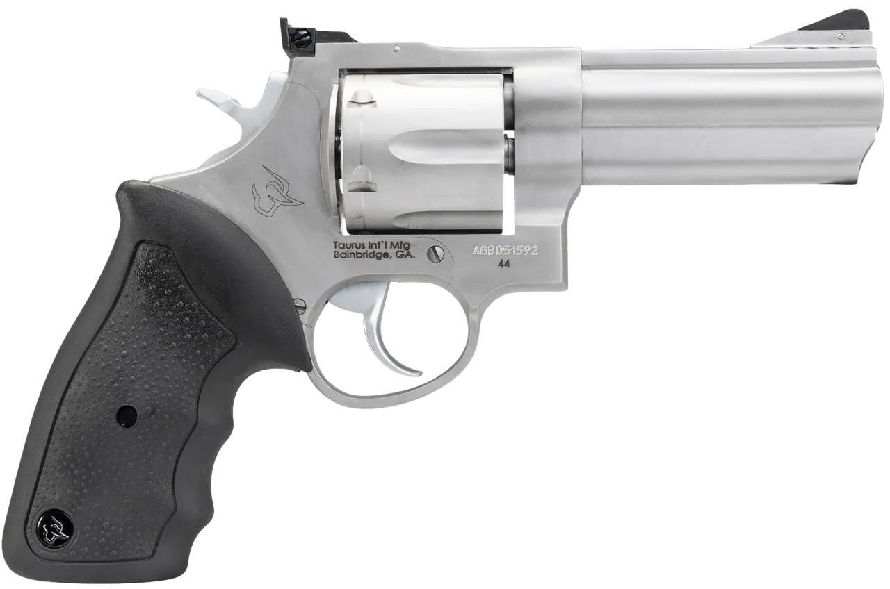 Taurus 2-440049 44 Large 44 Rem Mag 6 Shot 4" Matte Stainless Ported Barrel, Cylinder & Frame, Black Finger Grooved Rubber Grip, Transfer Bar Safety, Exposed Hammer
