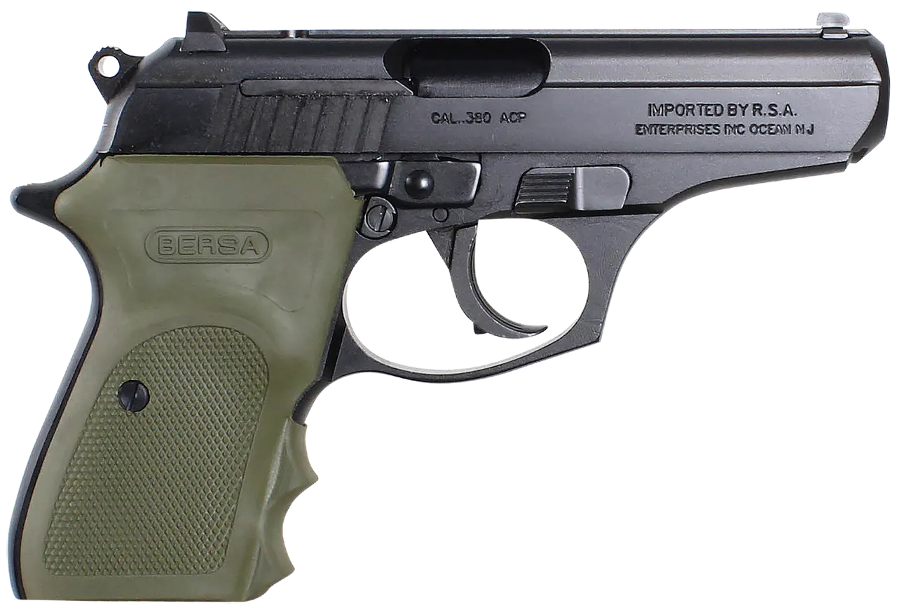 Bersa T380MC Thunder Combat Micro-Compact Frame 380 ACP 8+1, 3.50" Black Steel Barrel, Matte Black Serrated Steel Slide & Aluminum Frame w/Beavertail, Olive Wrap-Around Grip