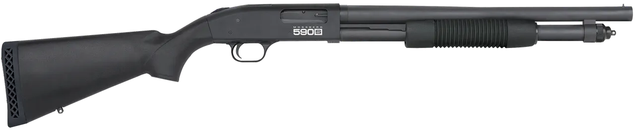 Mossberg 51605 590S 12 Gauge Pump 3" 9+1 18.50" Matte Blued Steel Barrel, Matte Blued Optic Ready Receiver, Fixed Black Synthetic Stock, Right Hand