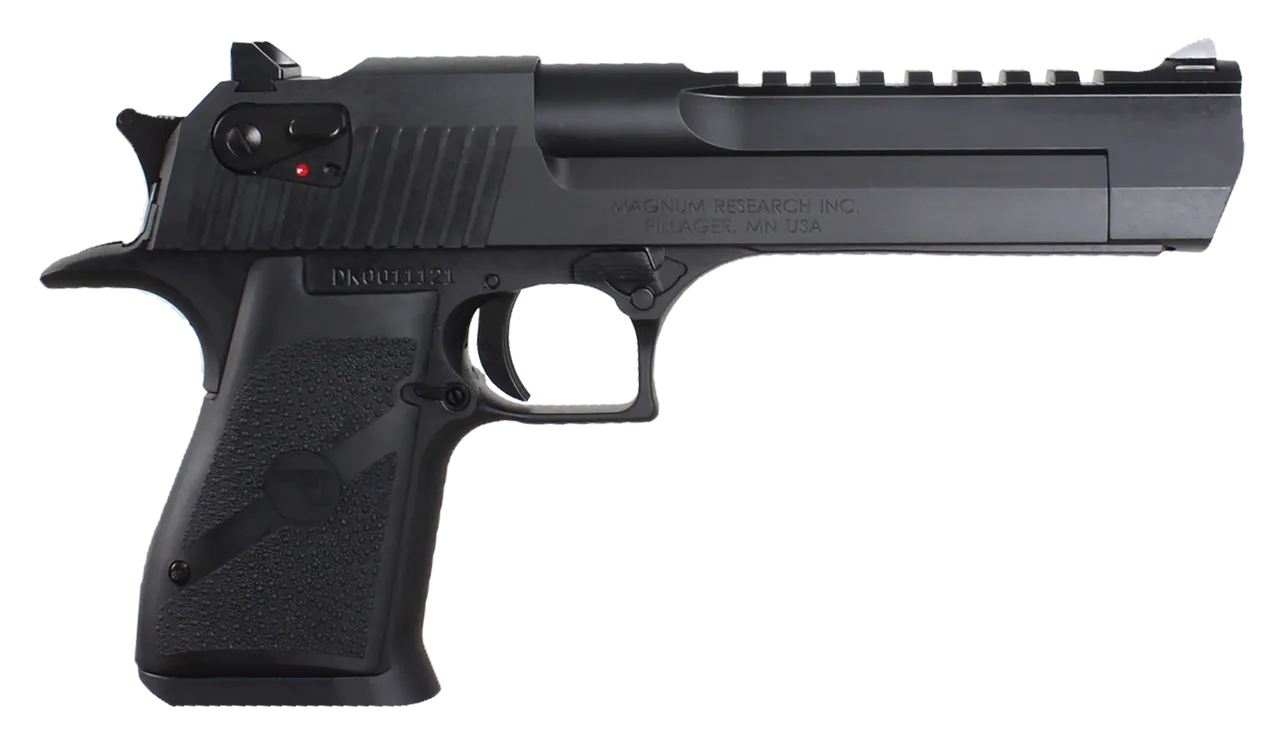 Magnum Research DE50 Desert Eagle Mark XIX 50 AE Caliber with 6" Picatinny Rail Barrel, 7+1 Capacity, Overall Black Finish Carbon Steel, Beavertail Frame, Serrated Slide & Rubber Grip
