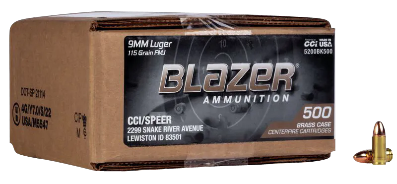 CCI 5200BK500 Blazer Brass Handgun 9mmLuger 115gr Full Metal Jacket 500 Per Box/1 Case *Loose