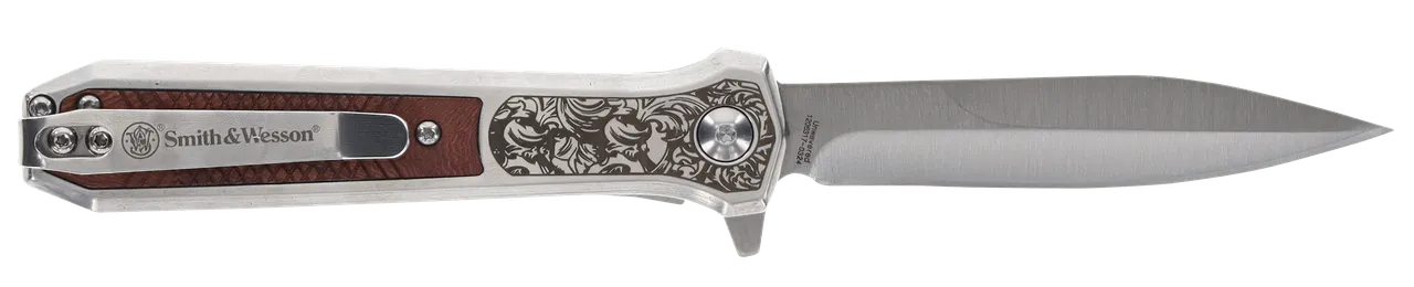 Smith & Wesson Knives 1205011 Unwavered 3.50" Folding Dagger, Plain Stonewashed 8Cr13MoV SS Blade, 4.25" Rosewood w/SS Scales Handle