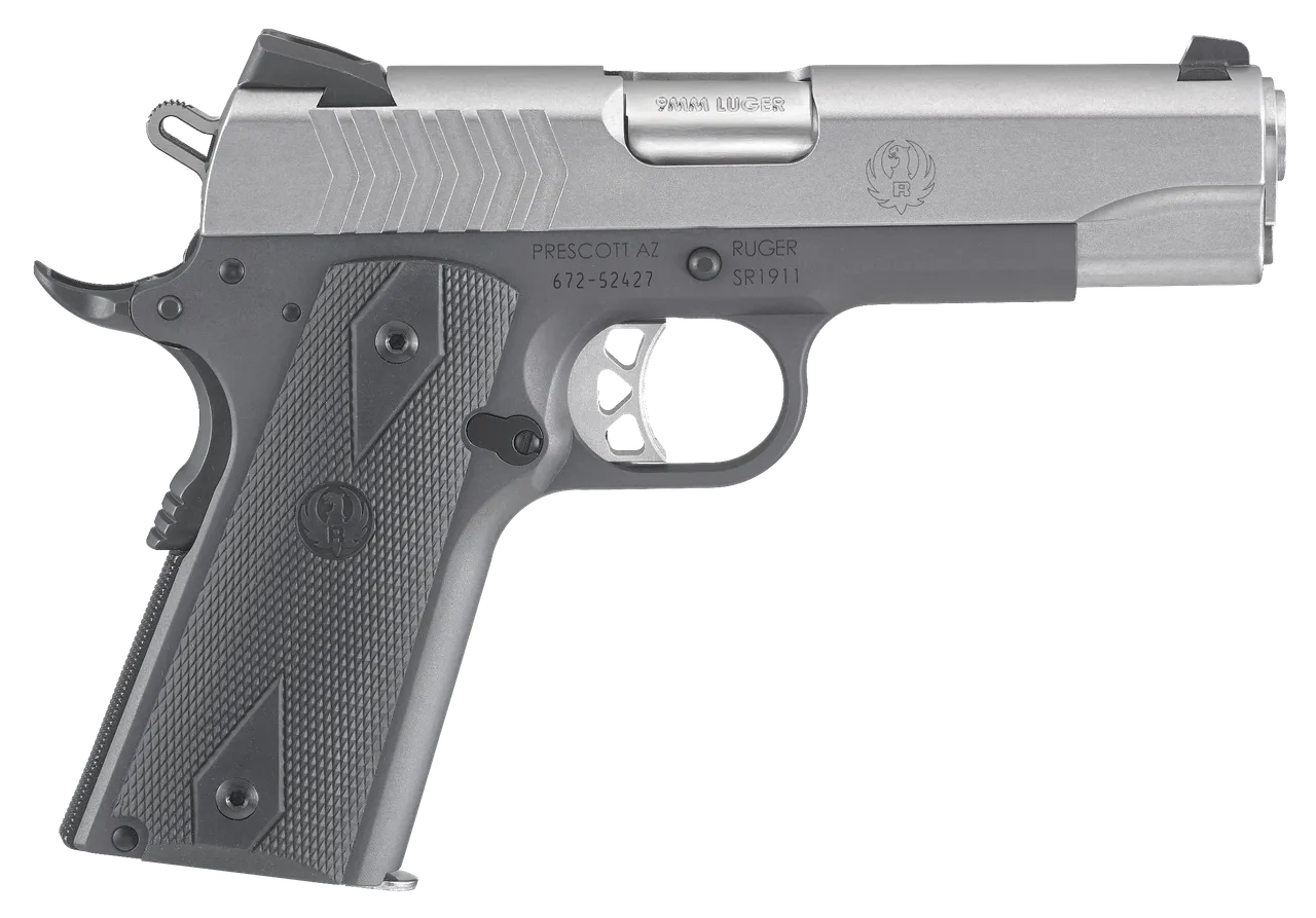 Ruger 6722 SR1911 Commander-Style 9mm Luger 9+1 4.25" Stainless Steel Barrel, Low-Glare Stainless Serrated Steel Slide, Tungsten Gray Cerakote Aluminum Frame w/Beavertail, Black Rubber Grip