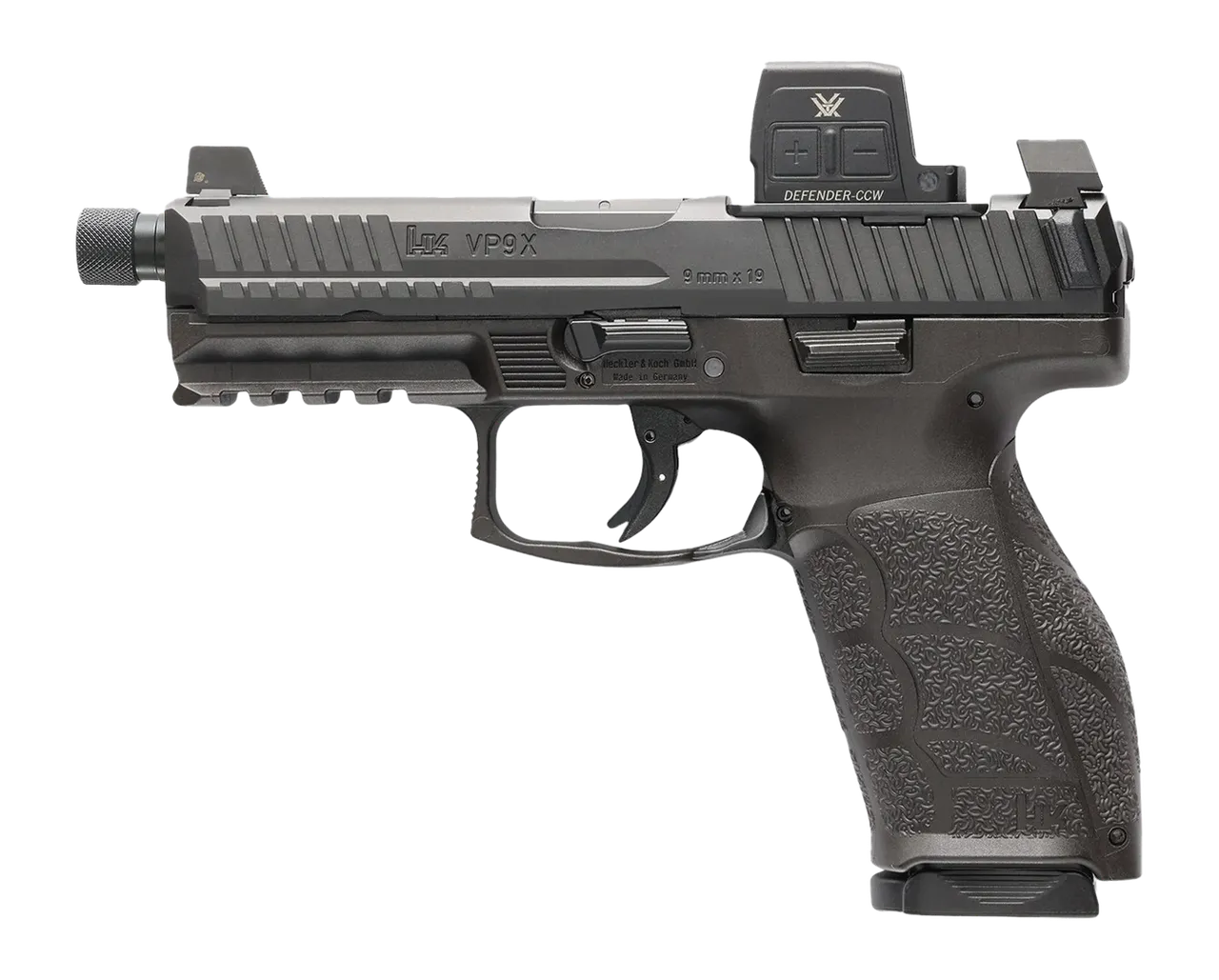 HK 81001366 VP9A1 X Tactical w/Optic Full Size 9mm Luger 10+1 4.70" Black Threaded Barrel, Black Steel Serrated w/Optic Slide, Black Polymer Frame w/Picatinny Rail, Textured Grip, Vortex CCW