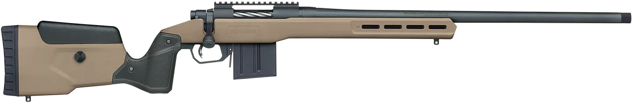 Mossberg 28148 Patriot LR Tactical 6.5 PRC 10+1 22" Matte Blued Threaded Bull Barrel, Matte Blued Picatinny Rail MDT Oryx Tactical M-LOK Flat Dark Earth Synthetic Stock, Right Hand