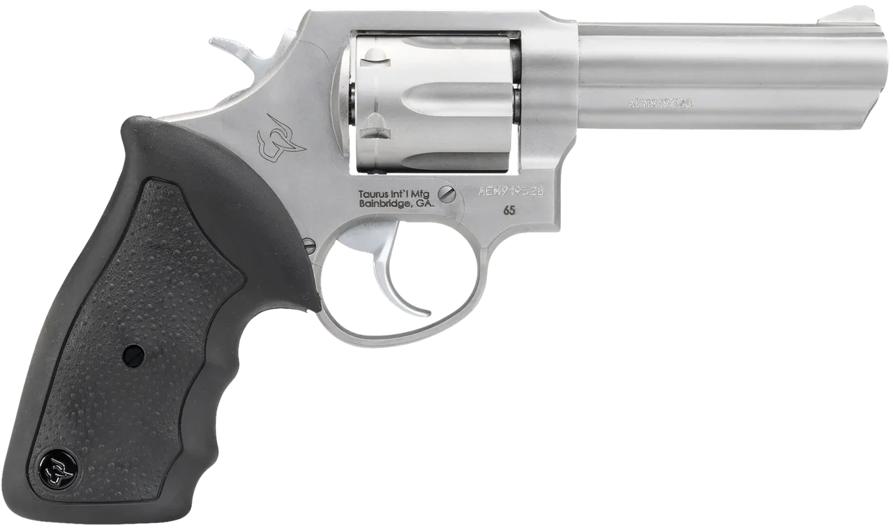 Taurus 2-650049 65 Medium 357 Mag/38 Special +P 6 Shot 4" Matte Stainless Steel Barrel, Cylinder Matte & Frame, Black Finger Grooved Rubber Grip, Transfer Bar Safety, Exposed Hammer