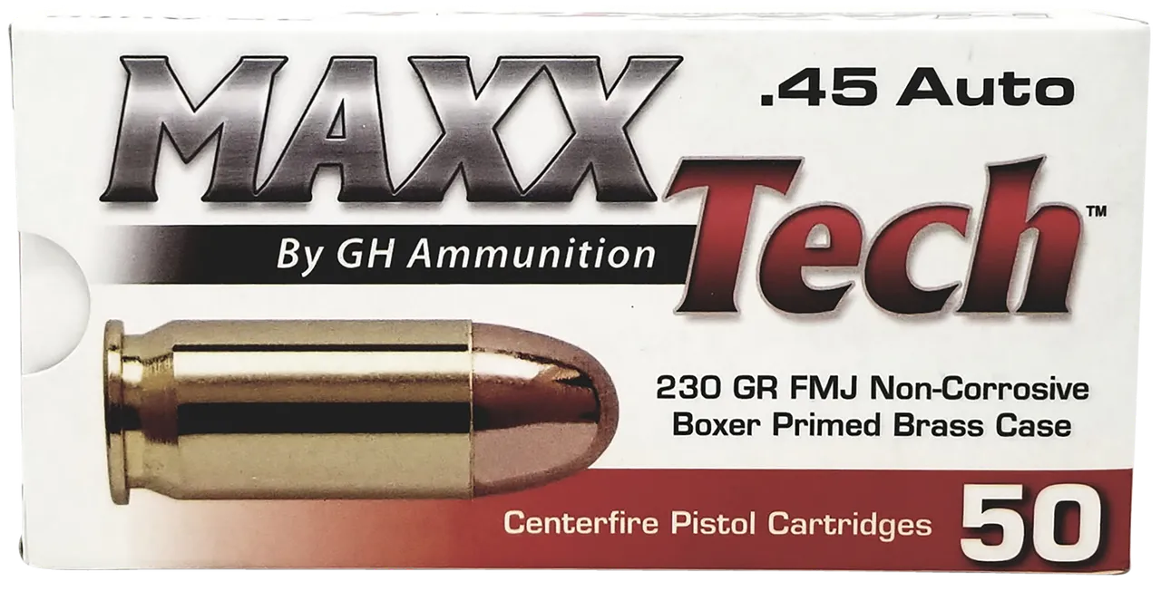 MaxxTech PTGB45B Brass Pistol 45ACP 230gr Full Metal Jacket 50 Per Box/10 Case