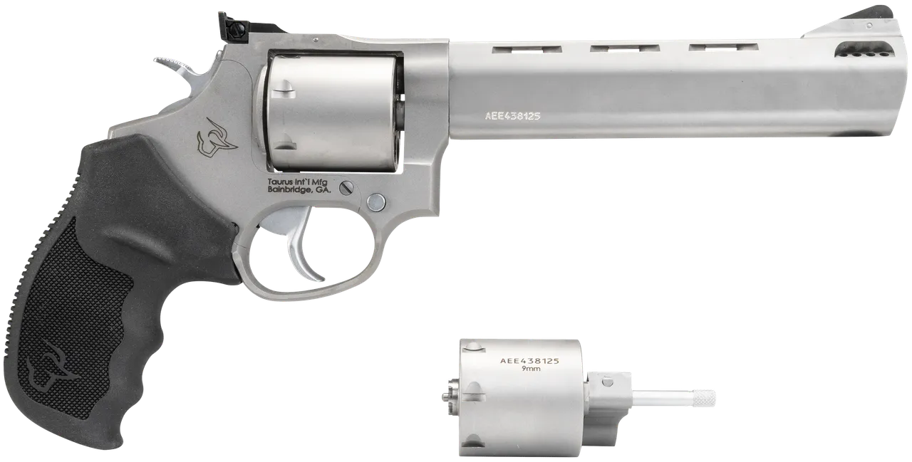 Taurus 2-692069 692 Medium 38 Special +P/357 Mag/ 9mm Luger 7 Shot 6.50" Matte Stainless Vent Rib Barrel, Cylinder & Frame, Black Ribber Grip, Transfer Bar Safety, Exposed Hammer, 2 Cylinders